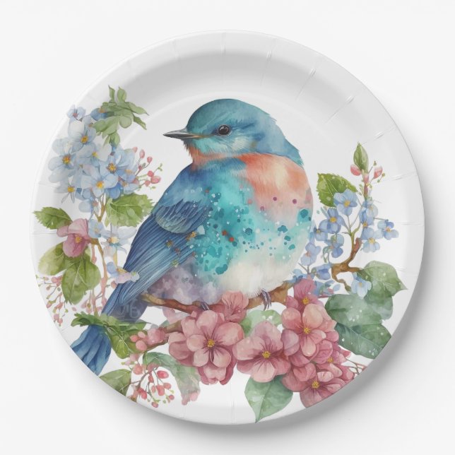 Romantic flowers and blue bird paper plate (Front)