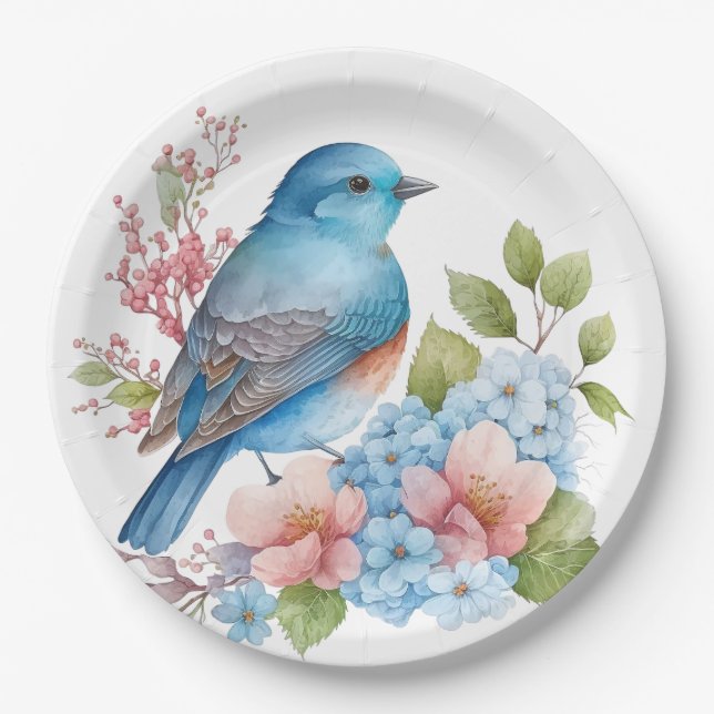 Romantic flowers and blue bird paper plate (Front)