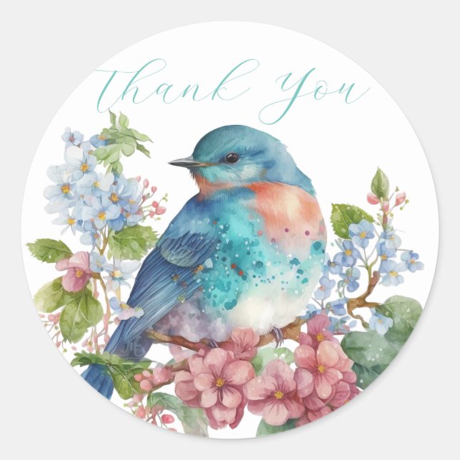 Romantic flowers and blue bird thank you  classic round sticker (Front)