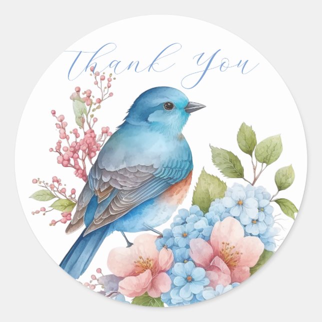 Romantic flowers and blue bird thank you  classic round sticker (Front)