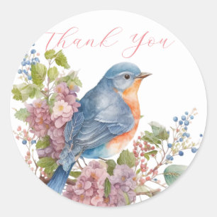 Romantic flowers and blue bird thank you classic round sticker