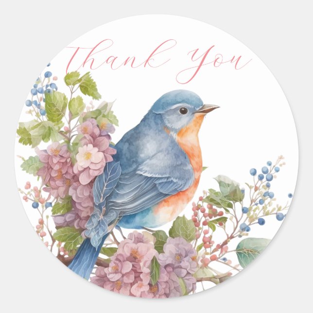 Romantic flowers and blue bird thank you  classic round sticker (Front)
