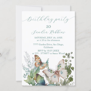 Romantic flowers and butterfly Birthday Invitation