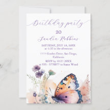 Romantic flowers and butterfly Birthday Invitation