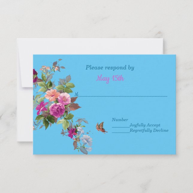 Romantic Flowers and Butterfly on Blue RSVP (Front)