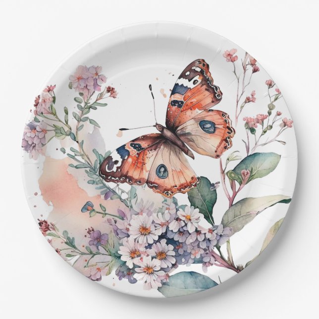 Romantic flowers and orange butterfly  paper plate (Front)