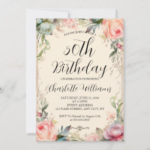 Romantic Flowers Female 50th Birthday Invitation