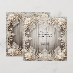 Romantic Flowers Lace + Wood Rustic Wedding  Invitation