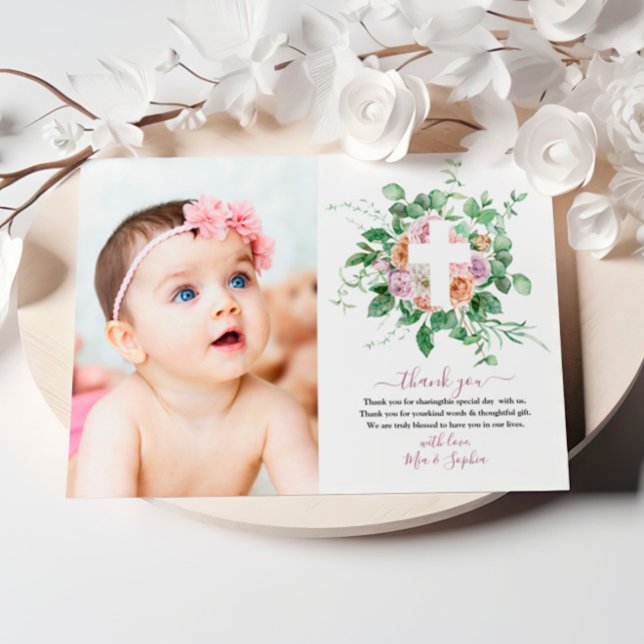 Romantic Flowers & Photo Baptism Thank You Card (Creator Uploaded)