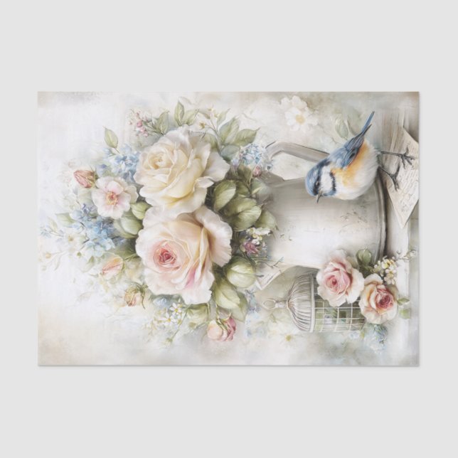Romantic Flowers, Vintage Bird Decoupage Tissue Paper (Front)