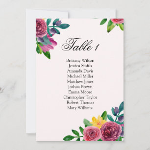 Romantic flowers wedding seating chart. Table plan Invitation