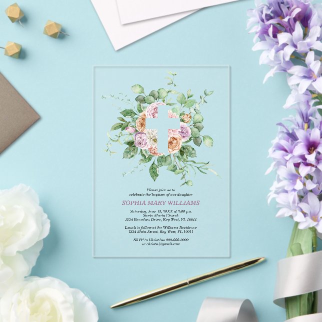 Romantic Flowers & White Cross Girl Baptism Acrylic Invitations (Insitu (Wedding))
