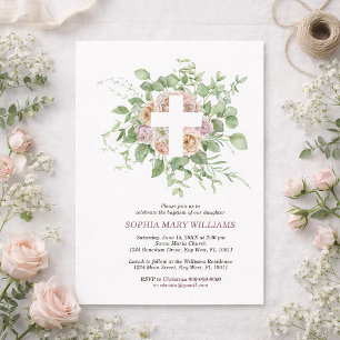 Romantic Flowers & White Cross Girl Baptism Invitation