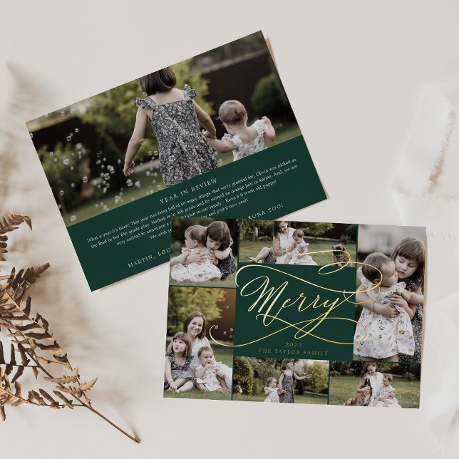 Romantic Foil | Green Merry 7 Photo Collage Holiday Card (Creator Uploaded)