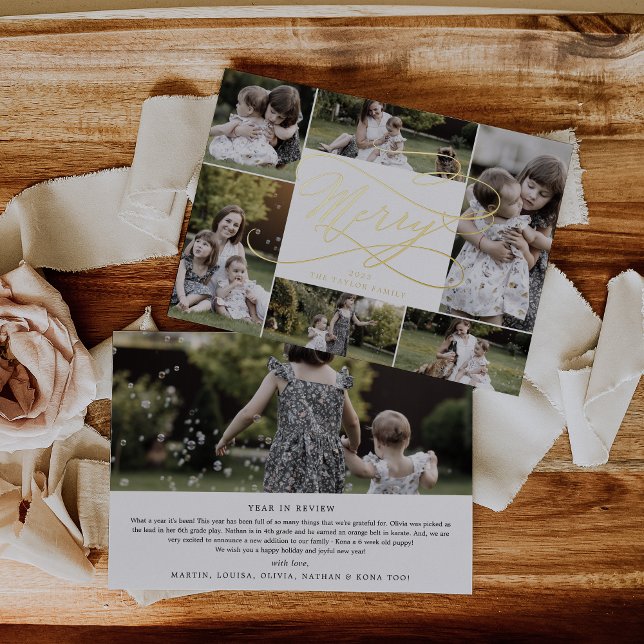 Romantic Foil Merry Christmas 7 Photo Collage Foil Holiday Card (Creator Uploaded)