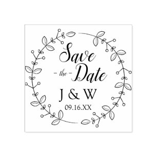 Romantic Foliage Wreath Save The Date Personalised Rubber Stamp