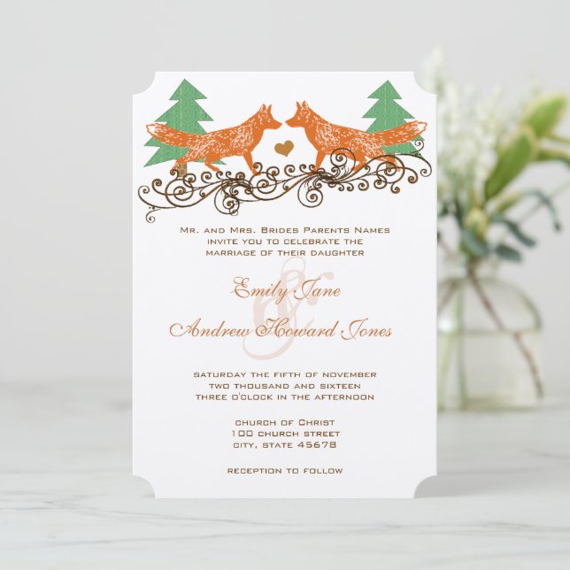 Romantic Forest Grove Foxes Woodsy Wedding  Invitation (Standing Front)