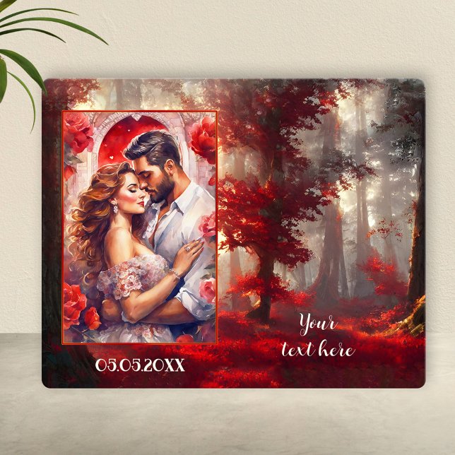 Romantic Forest Passion Your Photo Plaque (Photo plaque featuring a romantic forest scene in glowing reds with your custom photo)