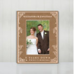 Romantic Forevermore Newlywed Wedding Photo  Etche Etched Frames<br><div class="desc">Romantic Vintage Inspired Aesthetic Floral Scoll Border Newlywed Wedding Photo Laser Etched Wood Frames. Bride and Groom's Names at top of frame with a heart in each top corner. Five Years Down and Forever to Go at the bottom. Perfect for newlyweds 1st Christmas (for newlyweds change bottom to wedding date)...</div>