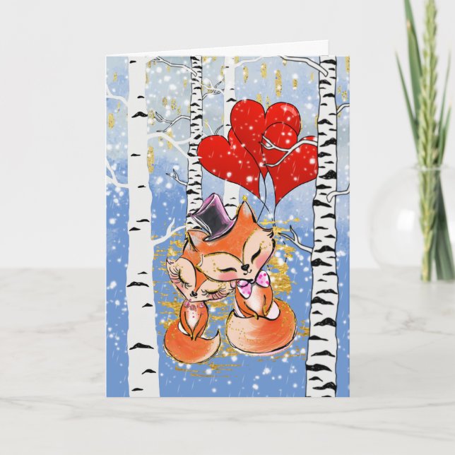 Romantic fox snow red heart balloon woodland card (Front)
