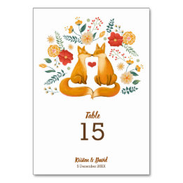 Romantic Foxes and Rustic Floral Foliage Wedding Table Number