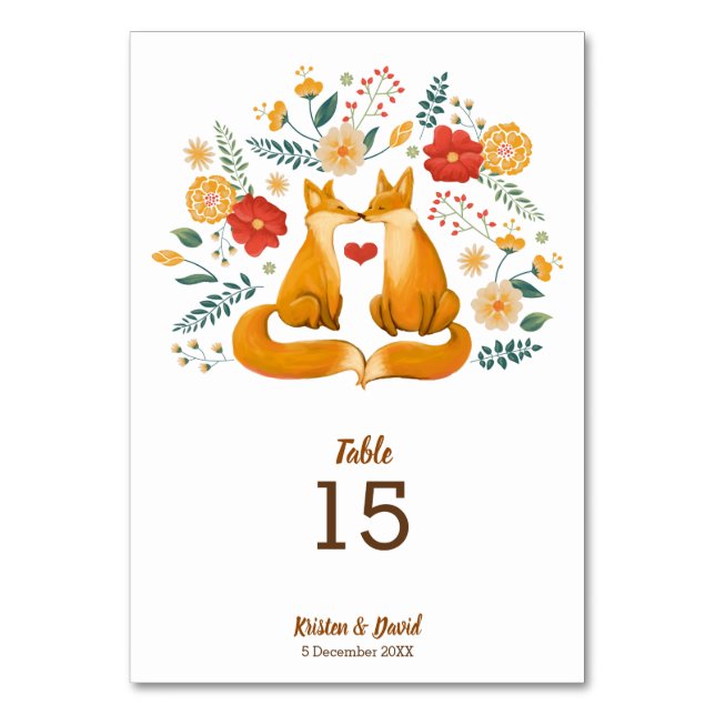 Romantic Foxes and Rustic Floral Foliage Wedding Table Number (Front)