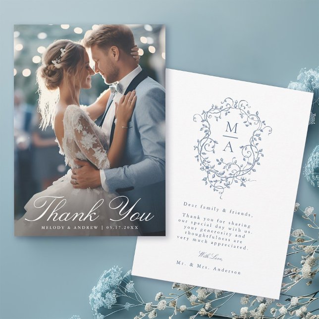 Romantic French Blue Floral Crest Wedding Photo  Thank You Card (Front & Back)