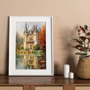Romantic French Castle Watercolor Poster 