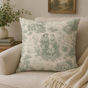 Romantic French Countryside Toile in Sage Green Cushion
