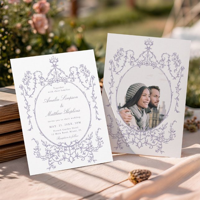 Romantic French Frame Lavender Wedding Photo Invitation (Front & Back)