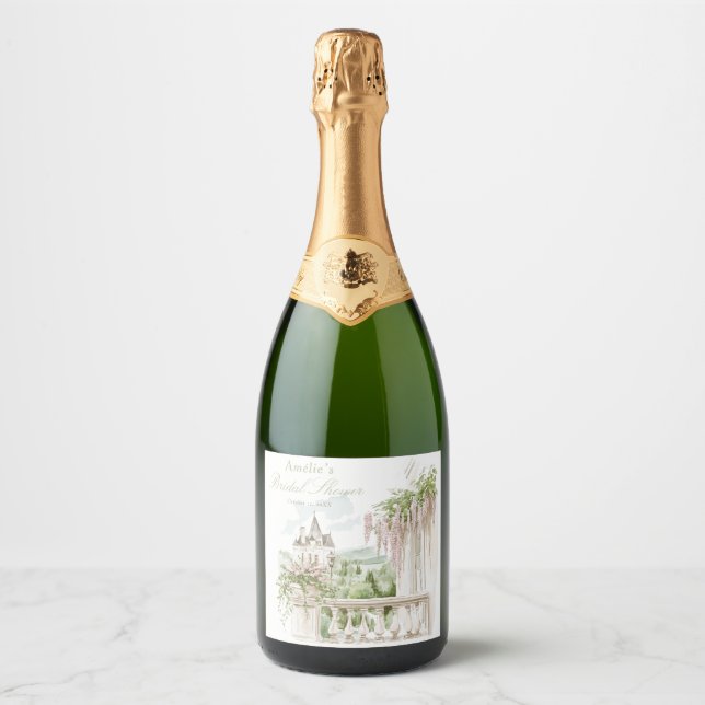 Romantic French Garden Chateau Bridal Shower  Sparkling Wine Label (Front)
