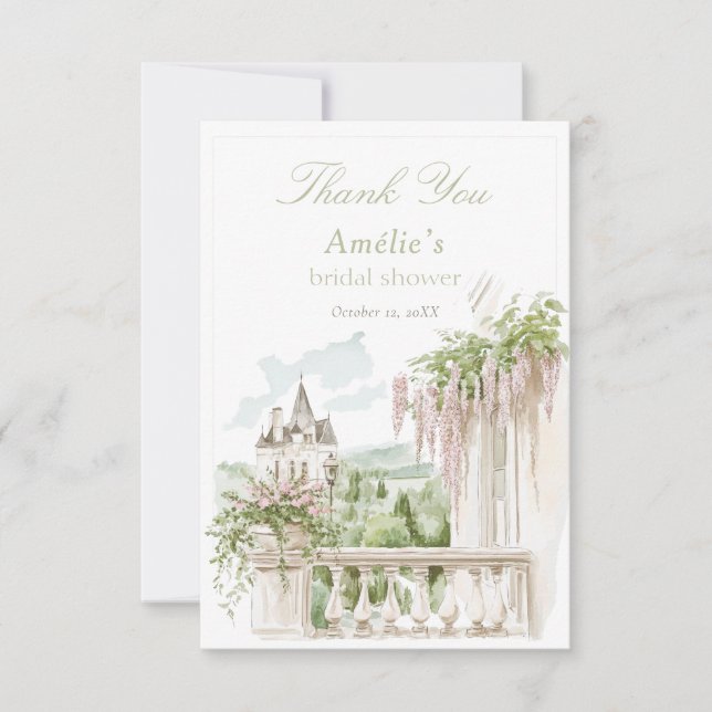 Romantic French Garden Chateau Bridal Shower  Thank You Card (Front)