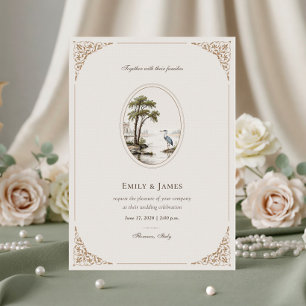 Romantic French Heron Oval Frame Wedding Invitation