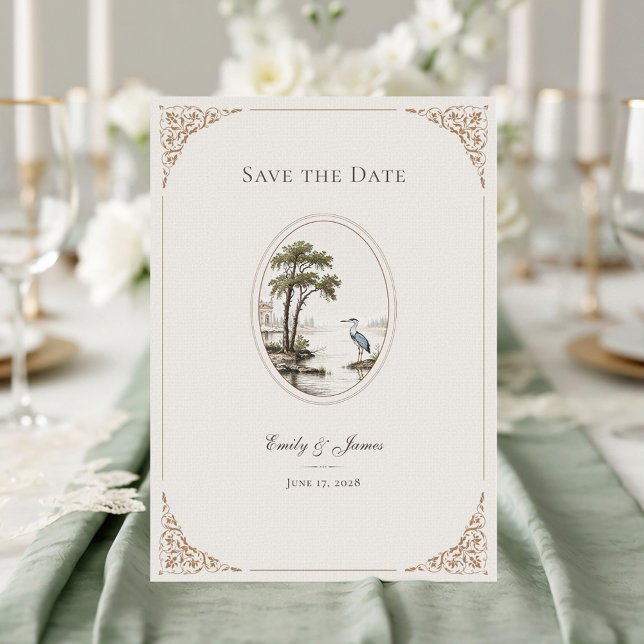 Romantic French Heron Oval Frame Wedding Save The Date (Creator Uploaded)