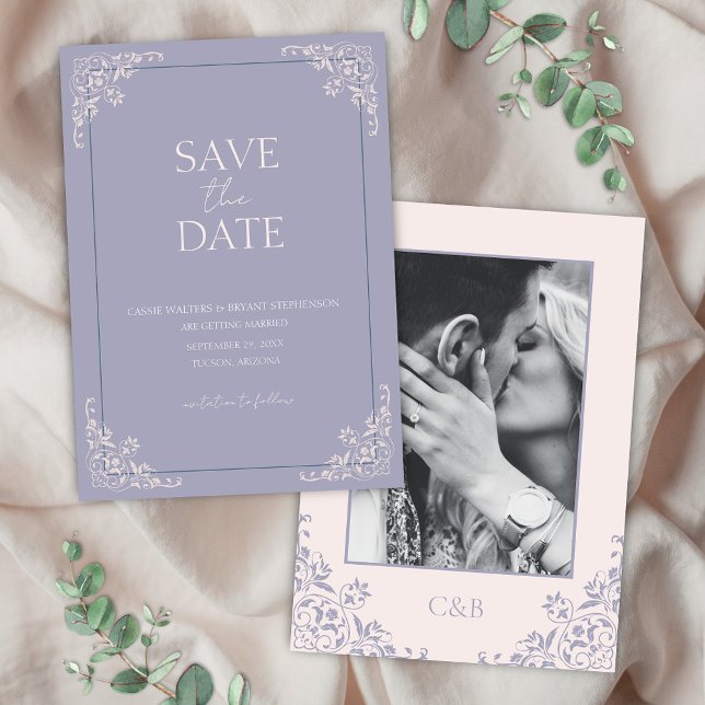 Romantic French Lilac Purple Minimal Save the Date Invitation (Romantic french lilac old money save the date card for purple blush pink vintage bridgerton wedding)