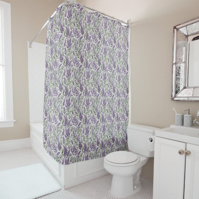 Romantic French sage and lilac floral patterned Shower Curtain (In Situ)