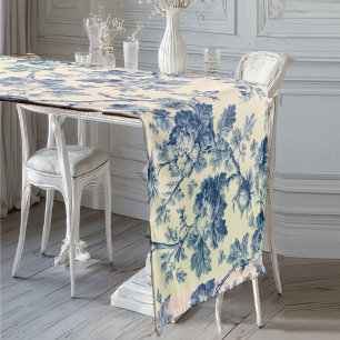  Romantic French toile de Jouy Powder Blue Floral  Short Table Runner