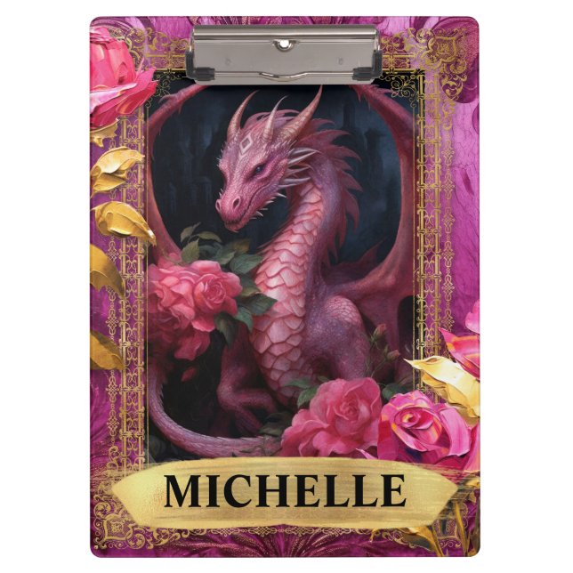 Romantic Fuchsia Dragon and Roses Fantasy Clipboard (Front)