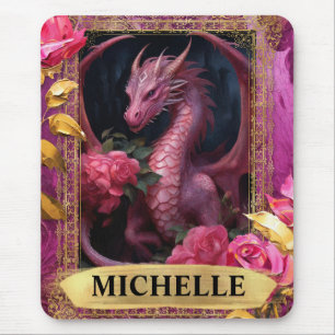 Romantic Fuchsia Dragon and Roses Fantasy Mouse Mat
