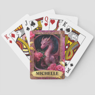 Romantic Fuchsia Dragon and Roses Fantasy Playing Cards