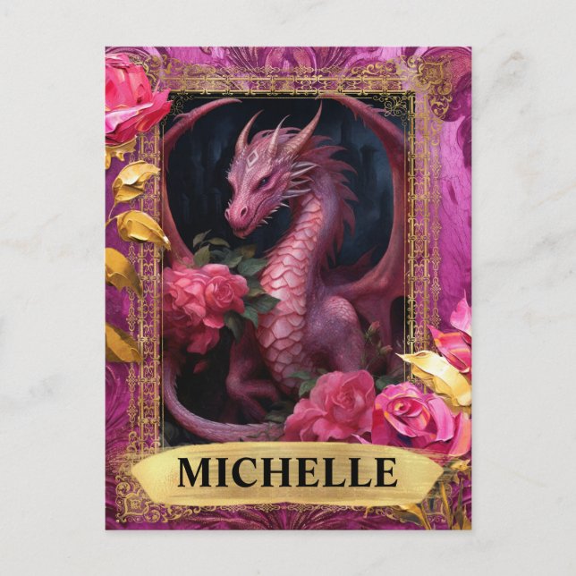 Romantic Fuchsia Dragon and Roses Fantasy Postcard (Front)