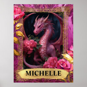 Romantic Fuchsia Dragon and Roses Fantasy Poster