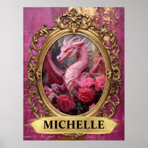 Romantic Fuchsia Dragon and Roses Fantasy Poster