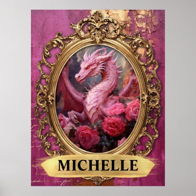 Romantic Fuchsia Dragon and Roses Fantasy Poster (Front)