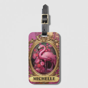 Romantic Fuchsia Flamingo and Roses Luggage Tag