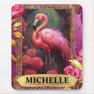 Romantic Fuchsia Flamingo and Roses Mouse Mat