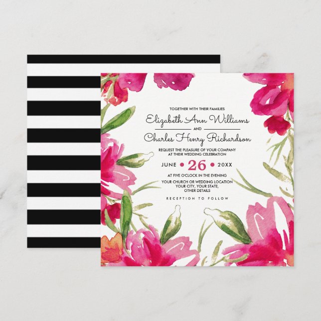 Romantic Fuchsia Floral Black Stripes Wedding Invitation (Front/Back)