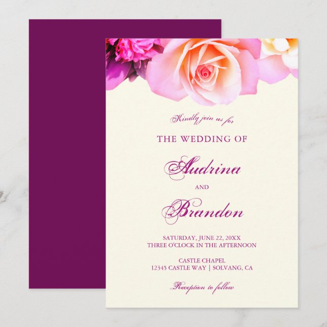 Romantic Fuchsia Floral Elegant Wedding Invitation (Front/Back)