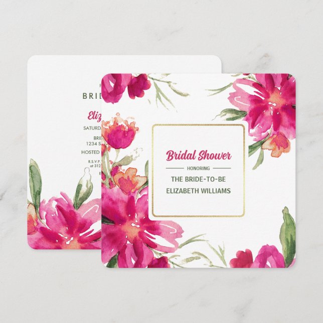 Romantic Fuchsia Floral Watercolor Bridal Shower Invitation (Front/Back)