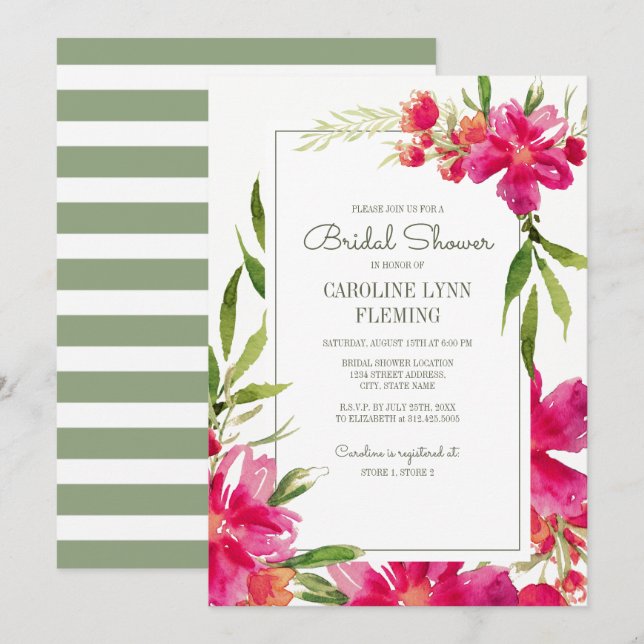 Romantic Fuchsia Green Floral Bridal Shower Invitation (Front/Back)